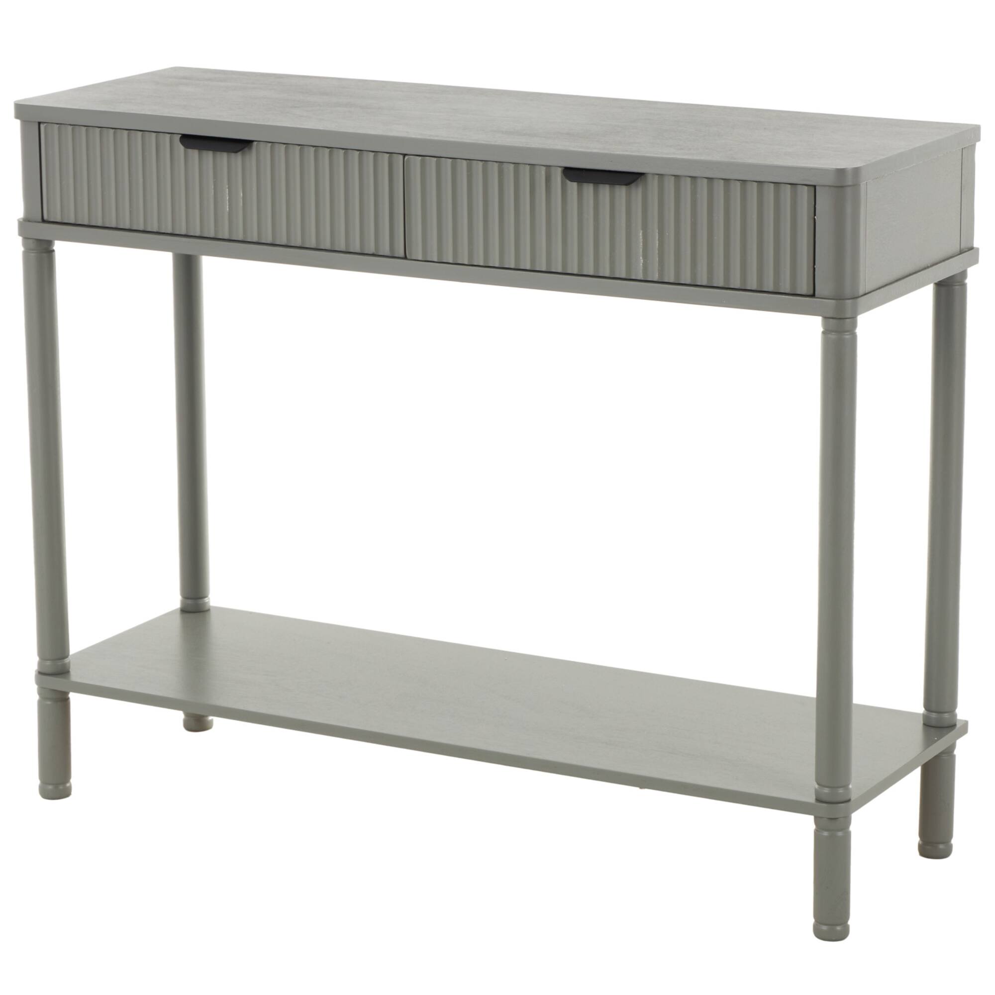 36" 2-Drawer Gray Handmade Wooden Console Table with Black Handle & Ribbed Front